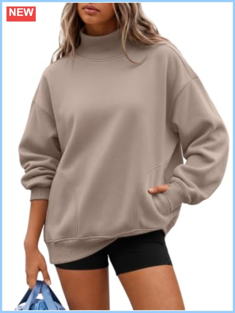 Oversized Mock Neck Sweatshirt Fleece Lined Pullover with Thumbhole Cuffs